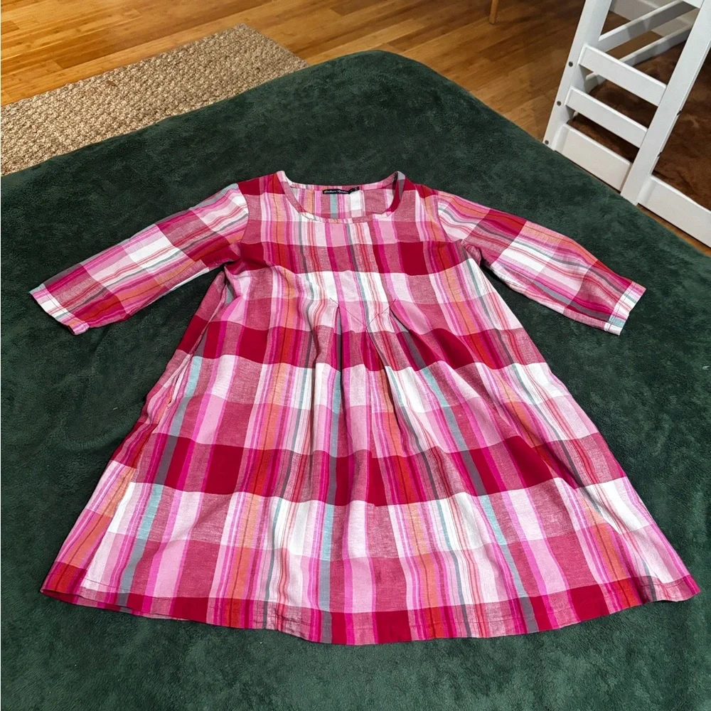 GUDRUN SJODEN large Pink Plaid Rut Cotton Linen Dress - Picture 2 of 5